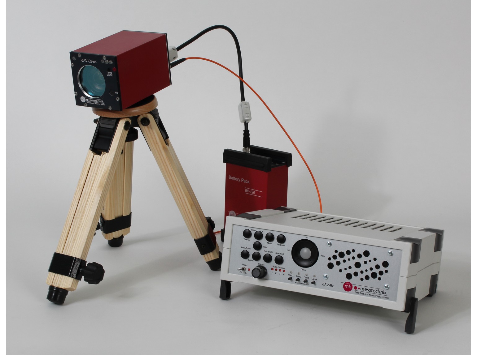 Ministativ "tripod-mini" mit darauf montierter Kamera. Daneben der Empfänger und ein Akkupack